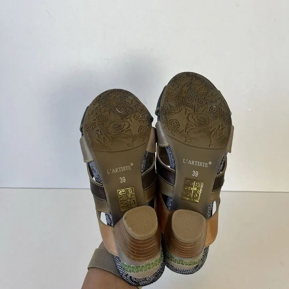 L’Artiste By Springstep Pita Leather Sandals Slip On Artsy Black Multi Sz 8.5/39 - Picture 13 of 14